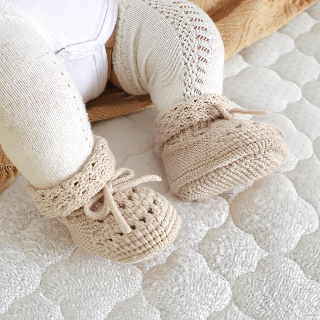 Baby Booties 100% Cotton Knitted Newborn First Cozy Warm Crib Shoes for Toddler Infant Boy Girl Babys Shower Gift
