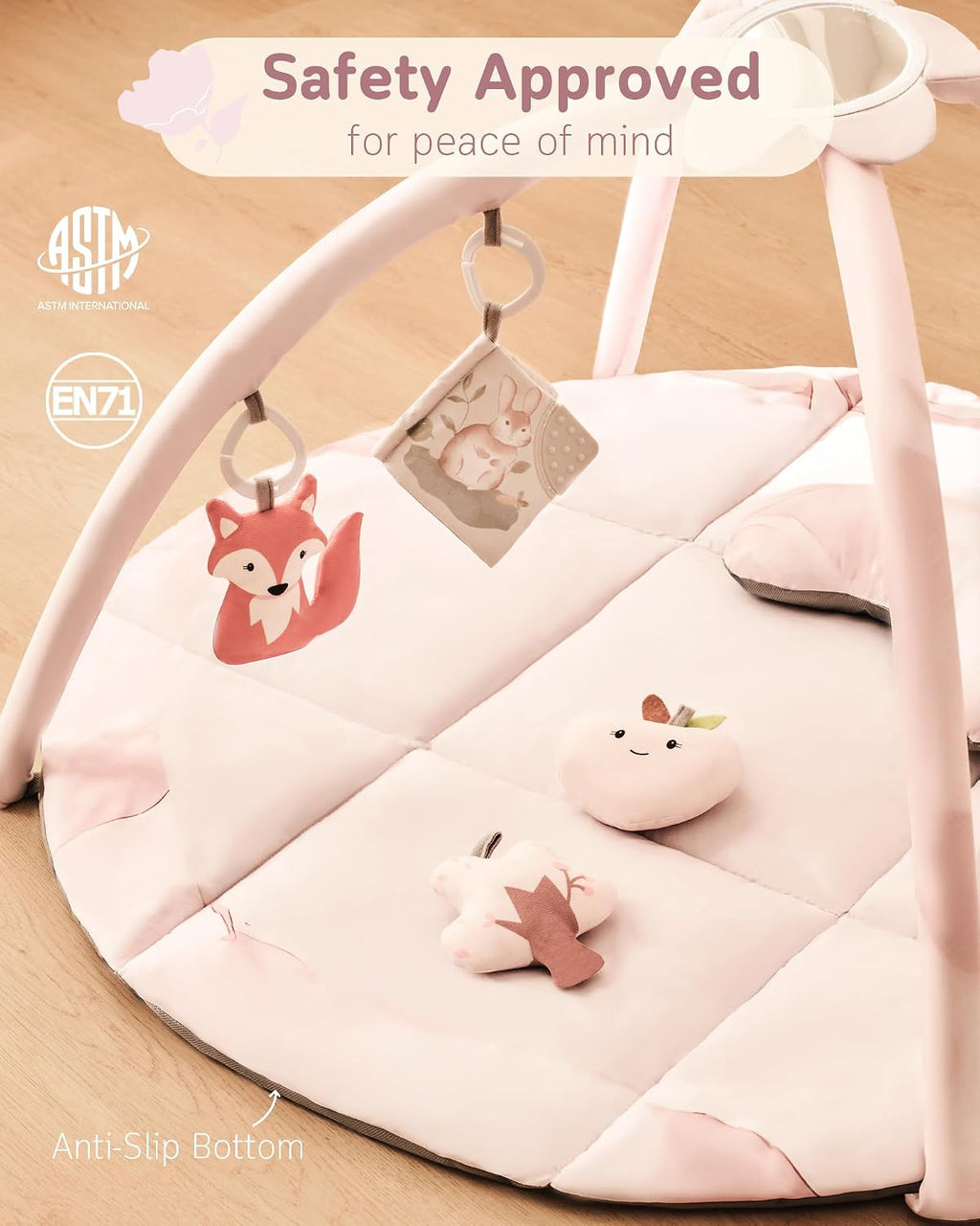 Baby Play Gym & Activity Mat, Machine Washable & Foldable Tummy Time Mat with 5 Detachable Toys, Certified Safe Newborn Essentials Gift for Baby Registry 0-12 Months (Rose Pink)
