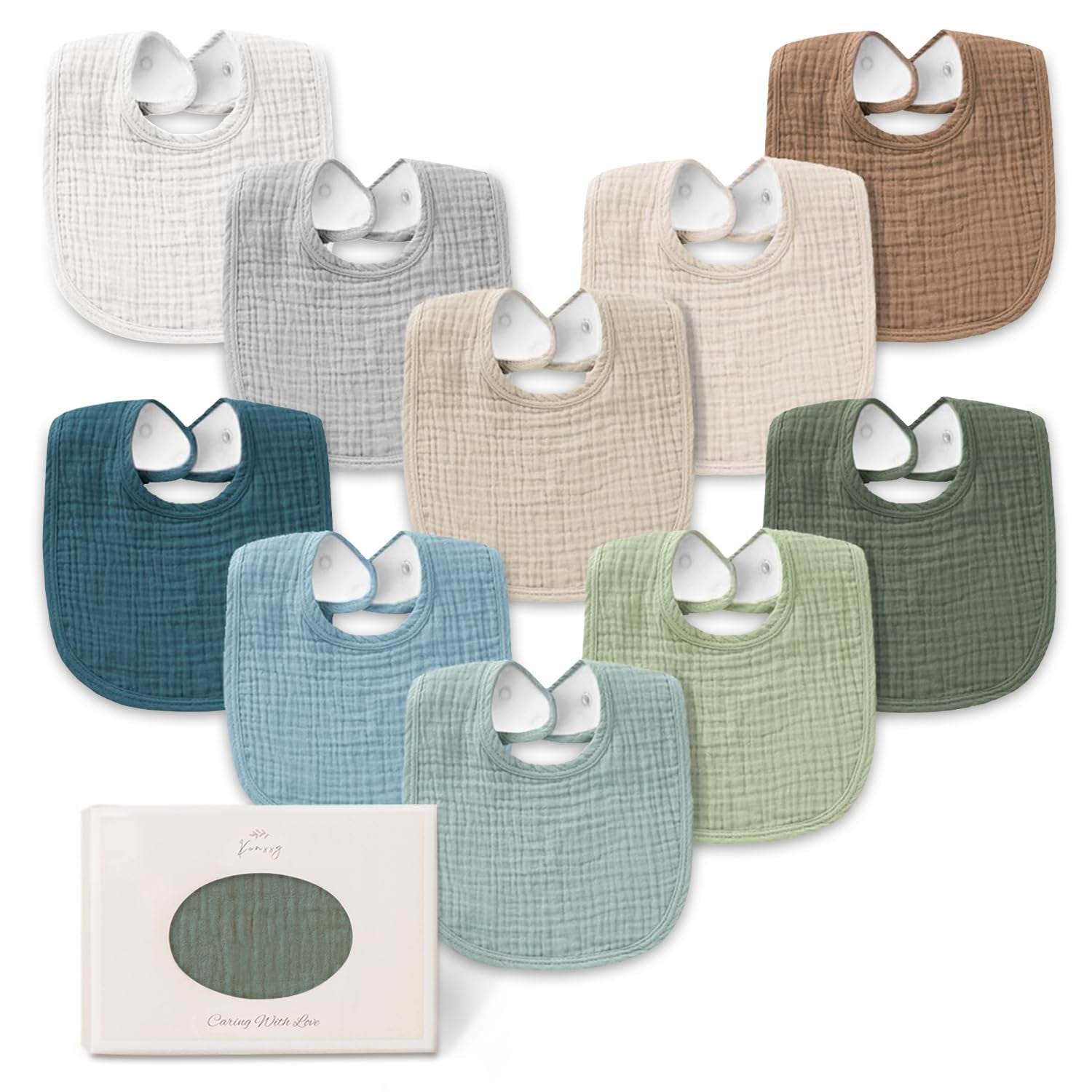 10-Pack Muslin Baby Bibs for Drooling and Teething | Soft & Absorbent, Cotton Front with Fleece Backing, Adjustable Fit, Wash Durable, for Boys and Girls Ages 0-36 Months(Green)