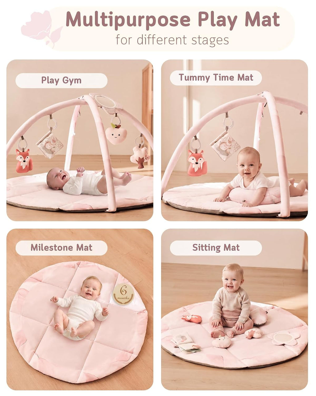 Baby Play Gym & Activity Mat, Machine Washable & Foldable Tummy Time Mat with 5 Detachable Toys, Certified Safe Newborn Essentials Gift for Baby Registry 0-12 Months (Rose Pink)