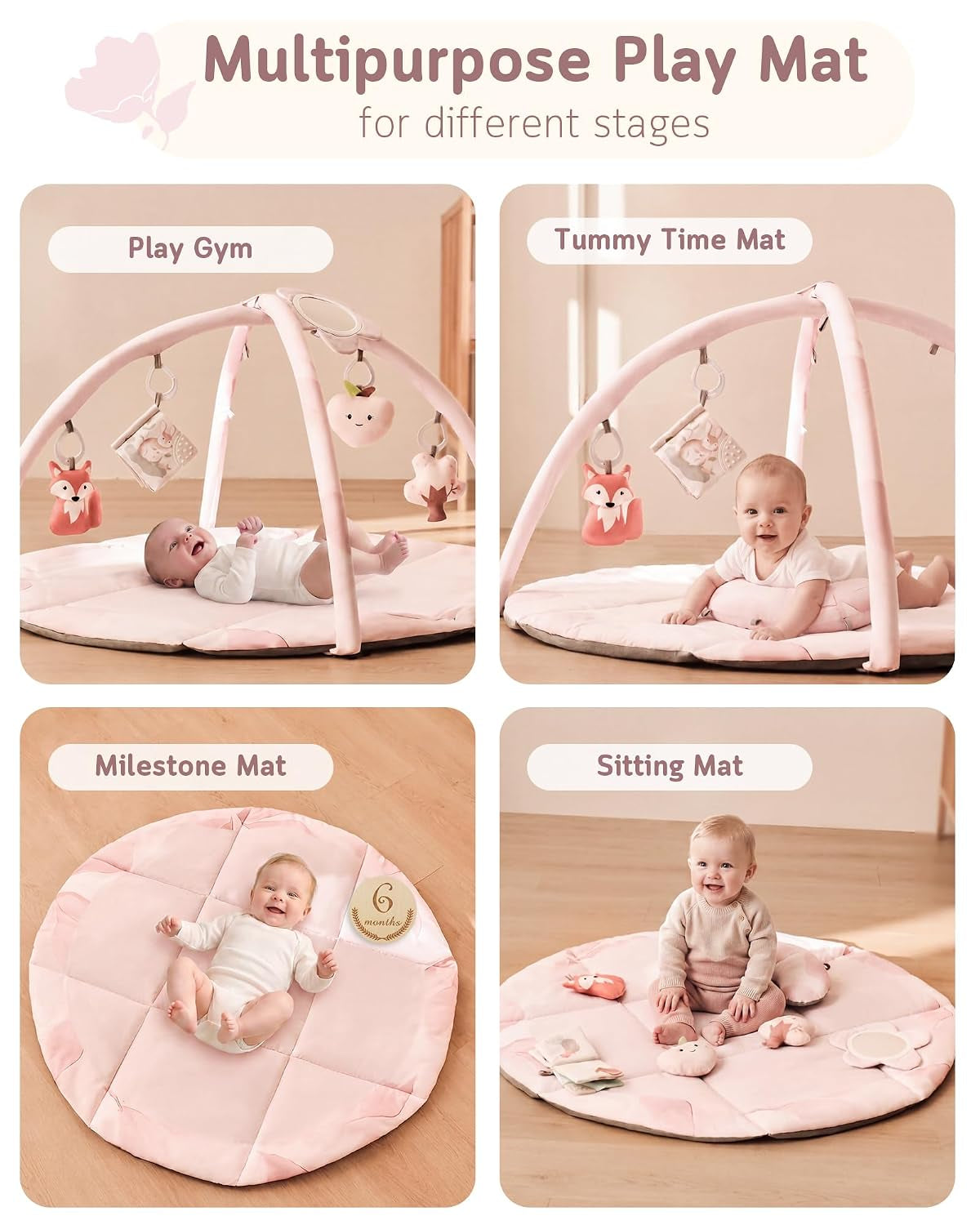 Baby Play Gym & Activity Mat, Machine Washable & Foldable Tummy Time Mat with 5 Detachable Toys, Certified Safe Newborn Essentials Gift for Baby Registry 0-12 Months (Rose Pink)