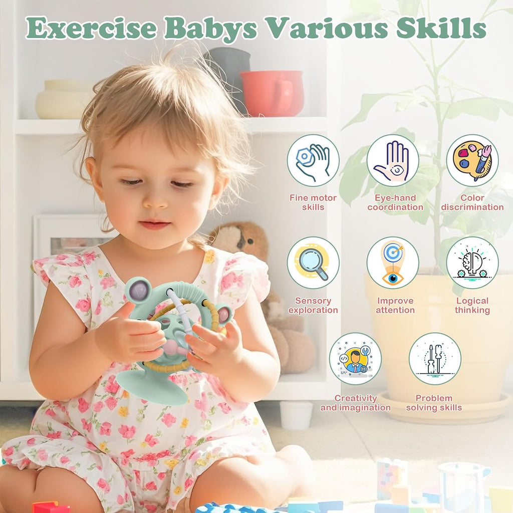Silicone Baby Teething Toys for Babies 0-6 6-12 Months, Multi Purpose High Chair Toys, Baby Suction Table Toys, Teething Relief Chew Toy, Sensory Rattle Toy with Textures for Infants, Green