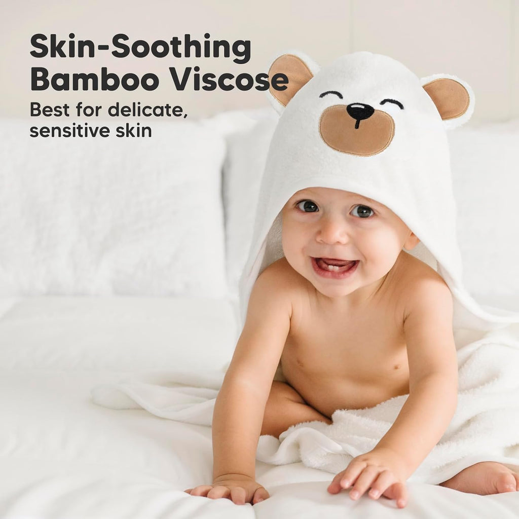 Hooded Baby Towel for Newborn, Baby Bath Towels (Grizzly, 35X35) | Viscose Derived from Bamboo, Large Baby Towels with Hood, Boys, Girls, Toddler, Soft Absorbent Baby Bath Essentials