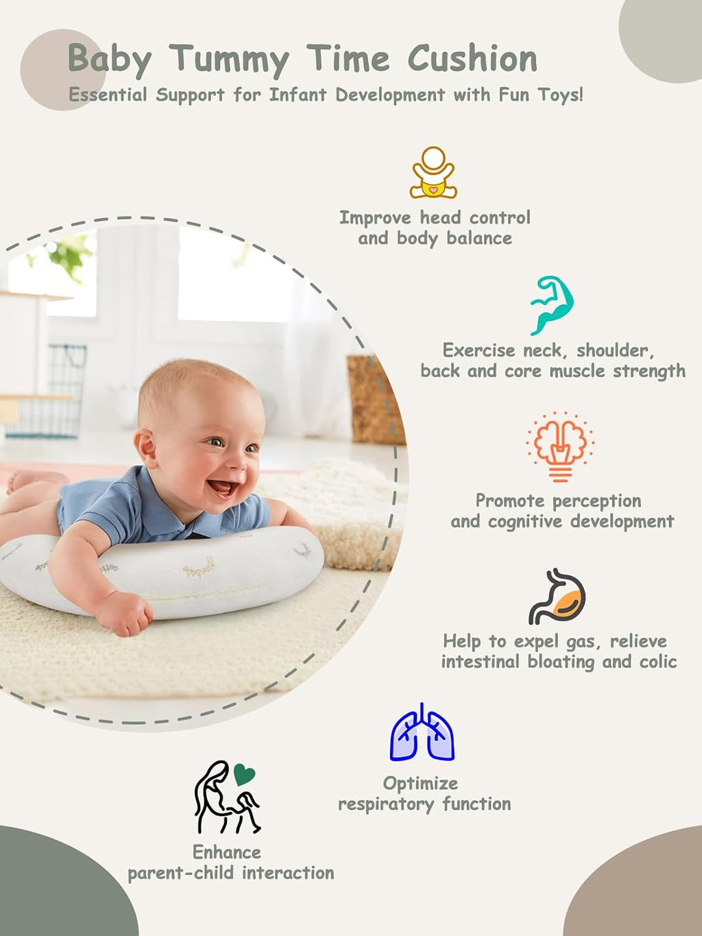 2-In-1 Tummy Time Cushion for Newborns,Soft Cotton Tummy Time Pillow Promotes Development, Ergonomic Design,Ideal Baby Gift