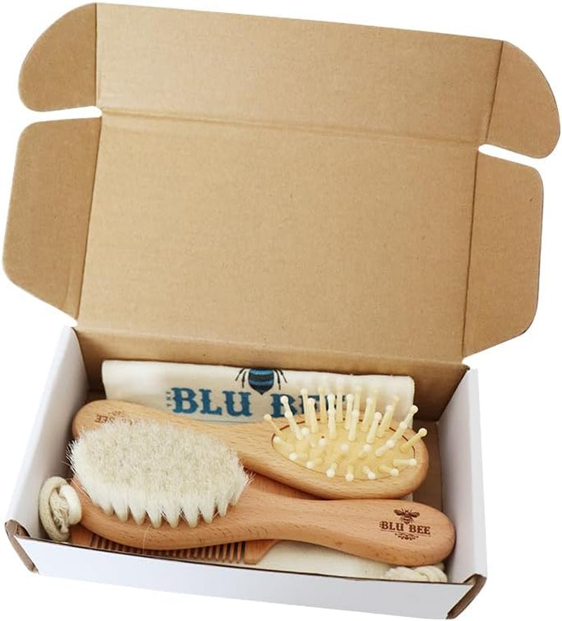 Wooden Baby Hairbrush & Comb Set | Soft Goat Hair Brush for New Born & Toddlers, Prevents Cradle Cap, 3-In-1 Gift Set for Baby Shower Celebrations
