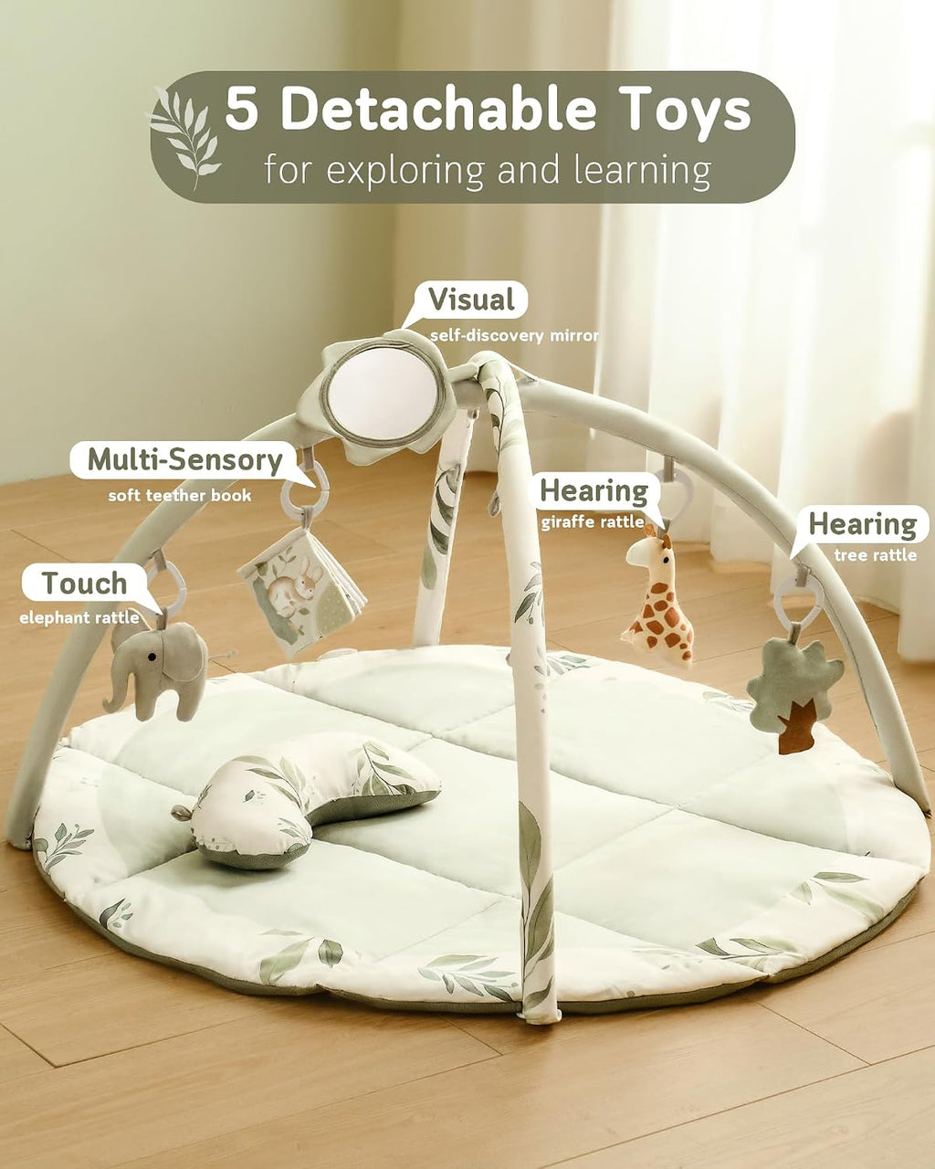 Baby Play Gym & Activity Mat, Machine Washable & Foldable Tummy Time Mat with 5 Detachable Toys, Certified Safe Newborn Essentials Gift for Baby Registry 0-12 Months (Sage Green)