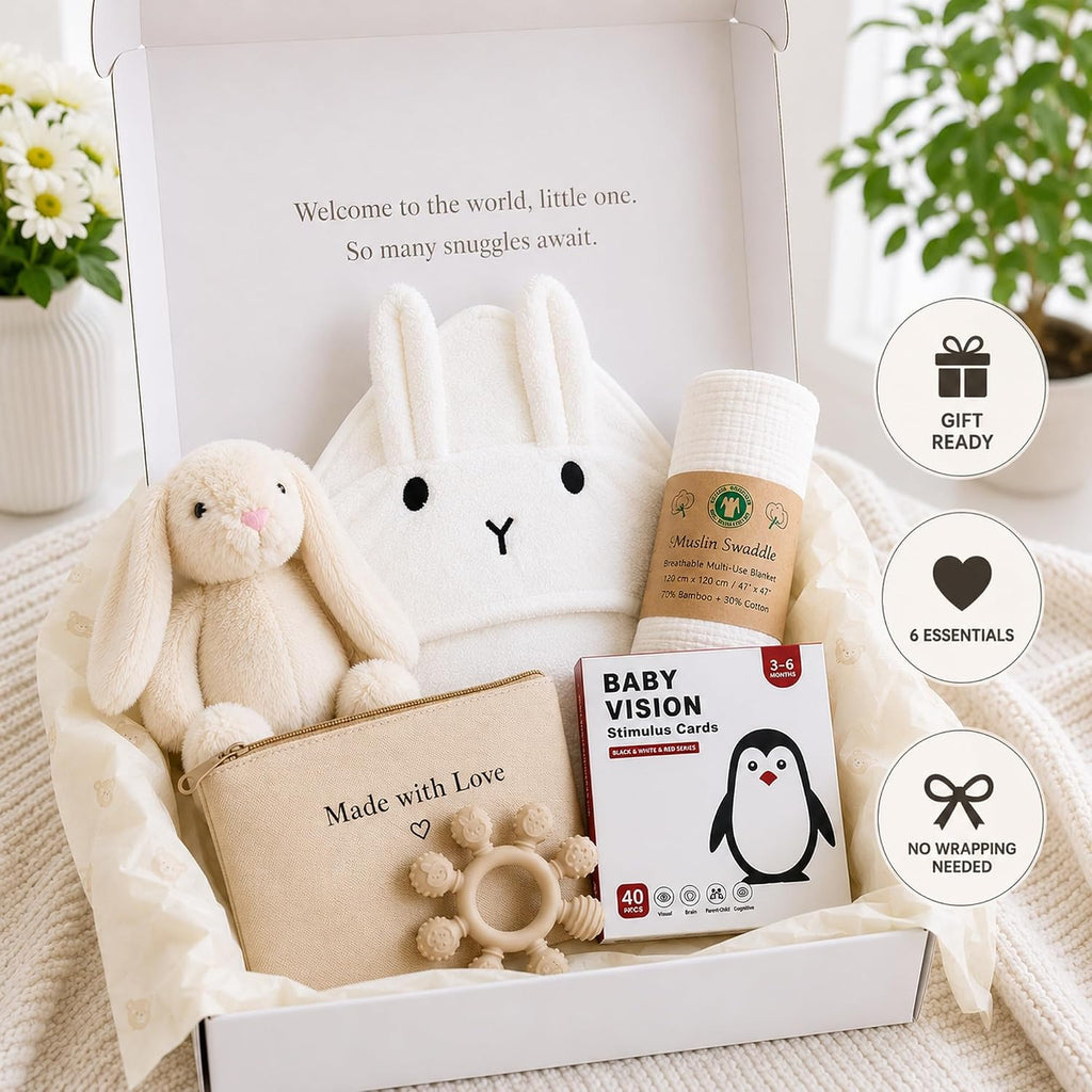 Baby Gift Basket – Gender Neutral Newborn Gift Set with Organic Cotton Swaddle, Plush Toy, Hooded Towel & Teether – New Baby Gift Basket for Baby Shower to Welcome Newborn