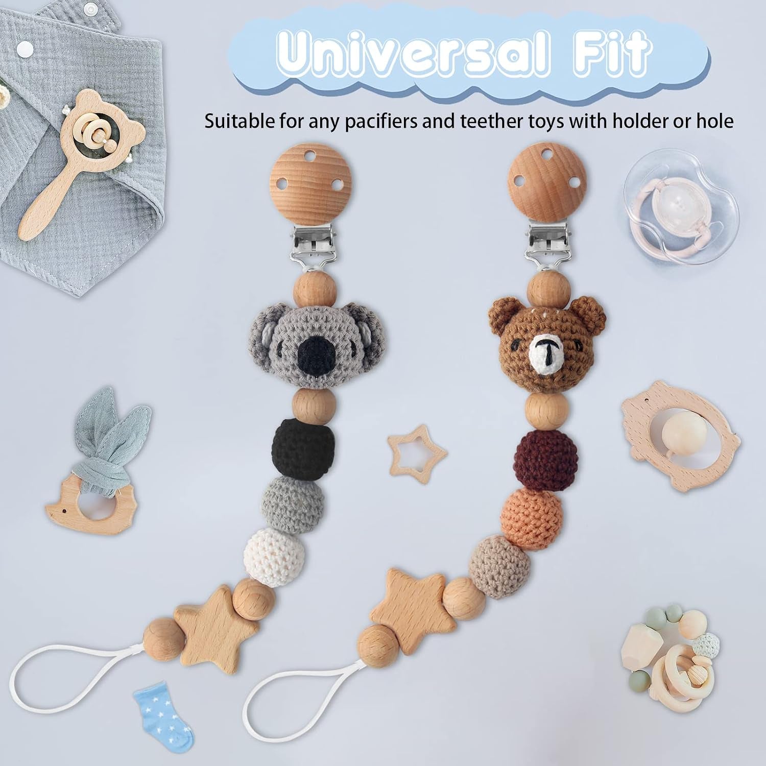 Pacifier Clip, 2 Pack Pacifier Clips for Boys and Girls, Cute Koala & Bear Handmade Knitted Pacifier Holder Fits for Most Pacifier, Baby Teethers, Baby Shower and Baby Gift