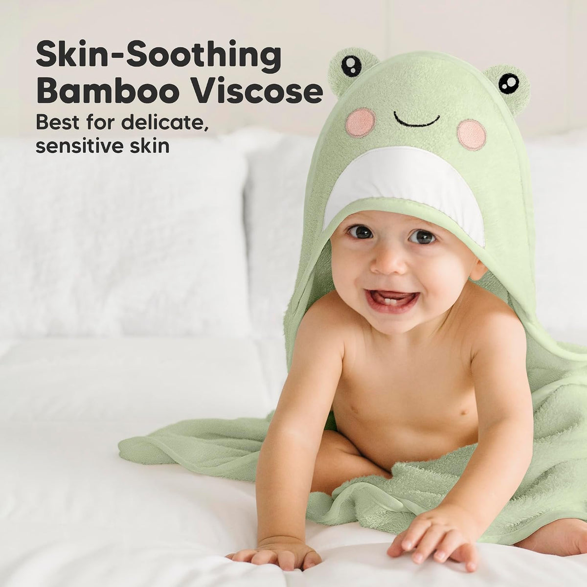 Hooded Baby Towel for Newborn, Baby Bath Towels (Frog, 30X30) | Viscose Derived from Bamboo, Large Baby Towels with Hood, Boys, Girls, Toddler, Soft Absorbent Baby Bath Essentials