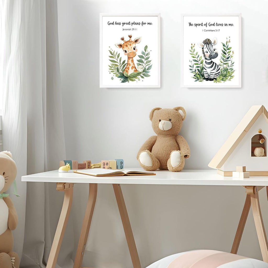 Woodland Nursery Animals Bible Verse Decor Wall Art Prints Poster, Cute Baby Forest Nursery Room Bedroom Bathroom Playroom Wall Art Decor for Nursery Kids Teen Girls Gifts, Christian Classroom Wall Decor, 10X8 Inch Set of 4 Pcs Gifts for Kids Pictures (UNFRAMED)