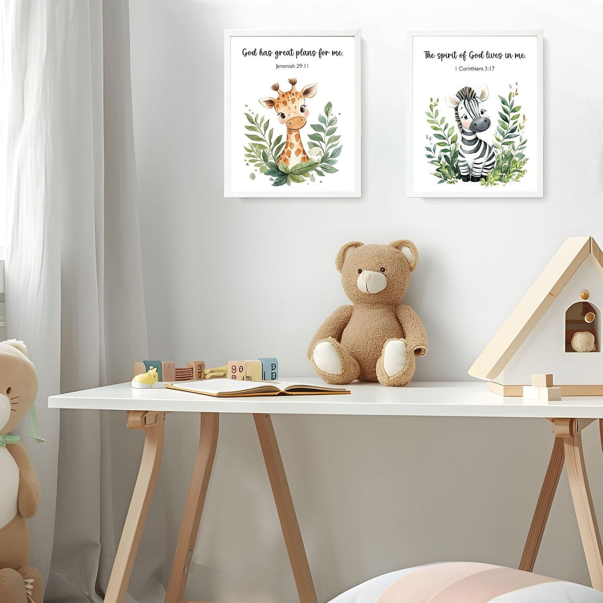 Woodland Nursery Animals Bible Verse Decor Wall Art Prints Poster, Cute Baby Forest Nursery Room Bedroom Bathroom Playroom Wall Art Decor for Nursery Kids Teen Girls Gifts, Christian Classroom Wall Decor, 10X8 Inch Set of 4 Pcs Gifts for Kids Pictures (UNFRAMED)