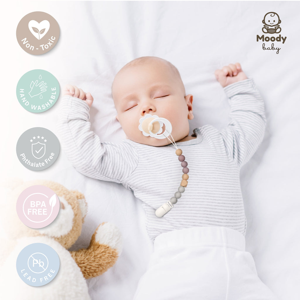 ® Pacifier Binky Clips for Boys Girls Soother Chain Silicone Holder 2 Pack Set for Baby Unisex Neutral Newborn Dummies Baby Shower Gift (Neutral Gray)