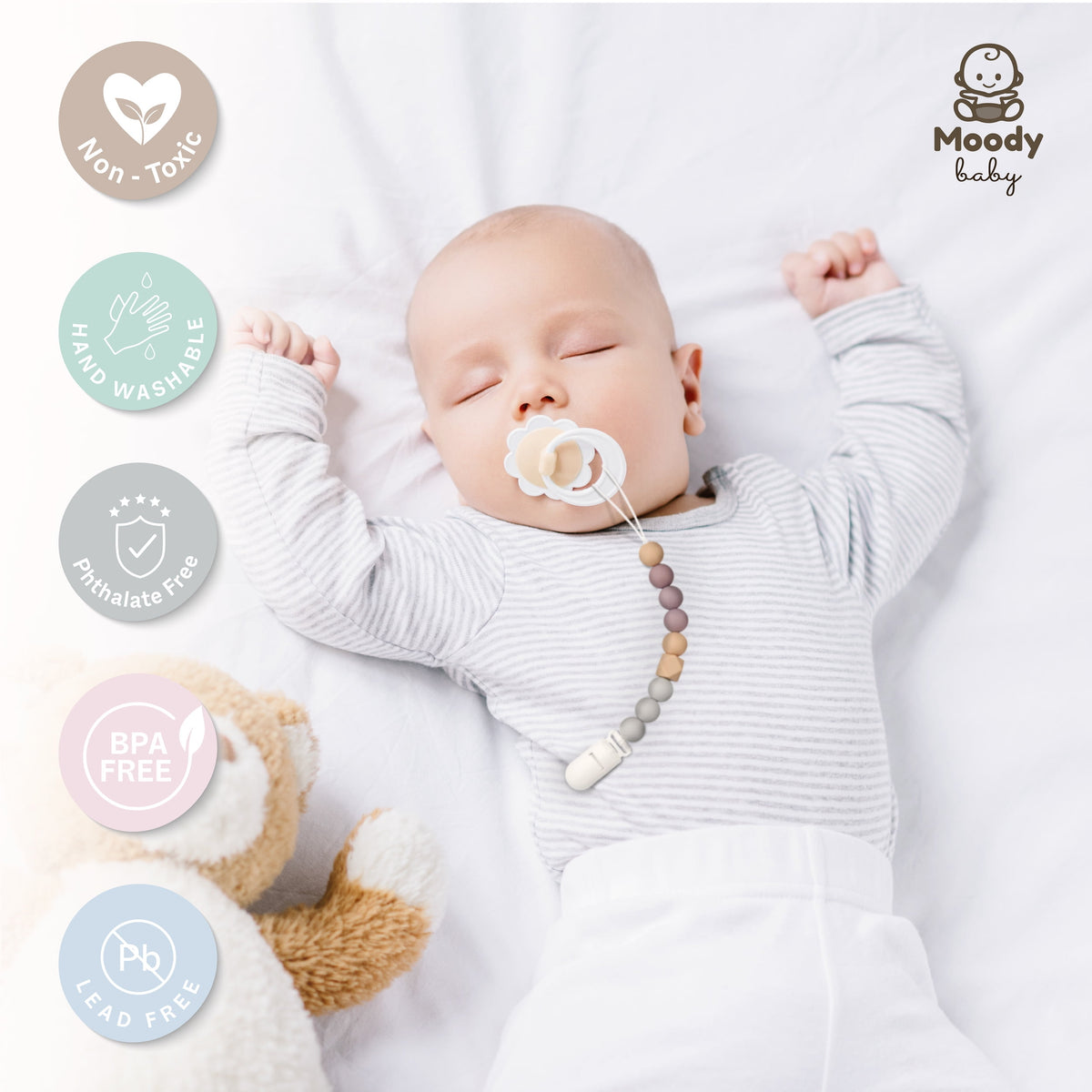 ® Pacifier Binky Clips for Boys Girls Soother Chain Silicone Holder 2 Pack Set for Baby Unisex Neutral Newborn Dummies Baby Shower Gift (Neutral Gray)