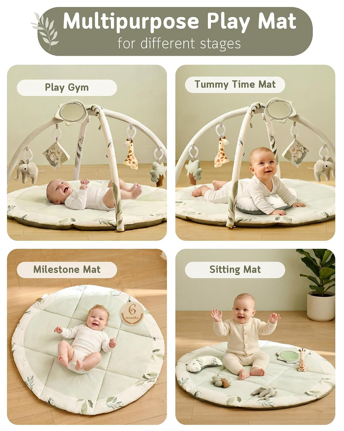 Baby Play Gym & Activity Mat, Machine Washable & Foldable Tummy Time Mat with 5 Detachable Toys, Certified Safe Newborn Essentials Gift for Baby Registry 0-12 Months (Sage Green)