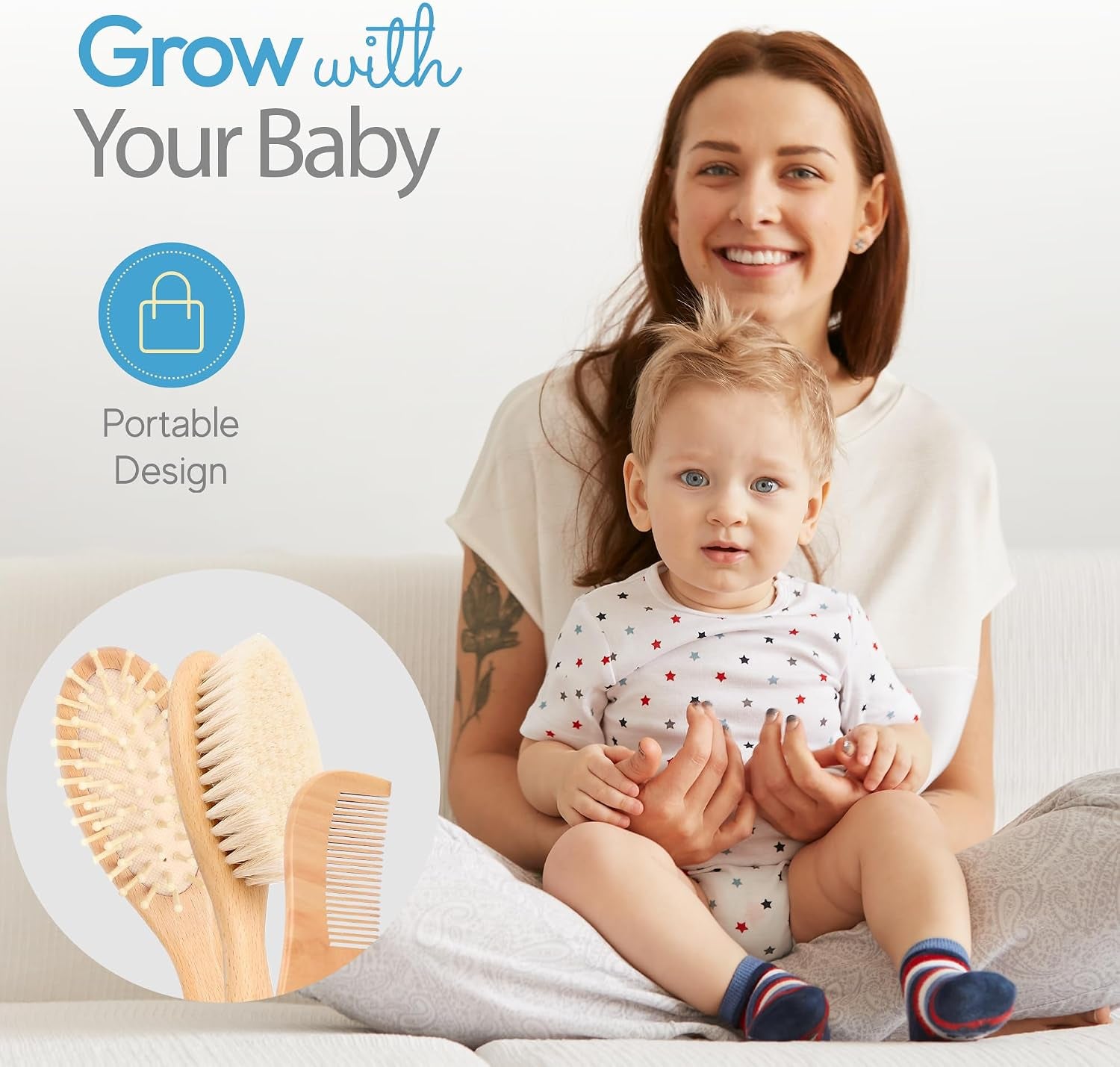 Wooden Baby Hairbrush & Comb Set | Soft Goat Hair Brush for New Born & Toddlers, Prevents Cradle Cap, 3-In-1 Gift Set for Baby Shower Celebrations