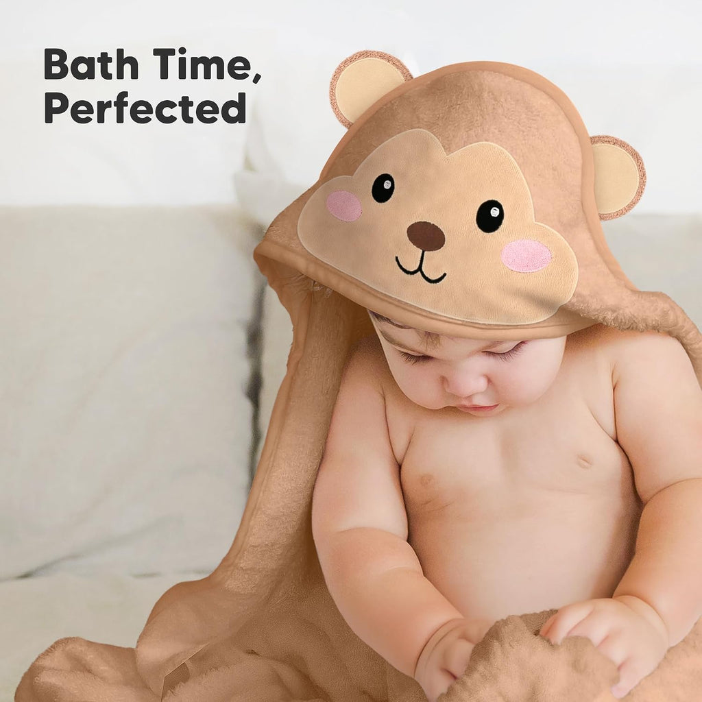Hooded Baby Towel for Newborn, Baby Bath Towels (Monkey, 35X35) | Viscose Derived from Bamboo, Large Baby Towels with Hood, Boys, Girls, Toddler, Soft Absorbent Baby Bath Essentials