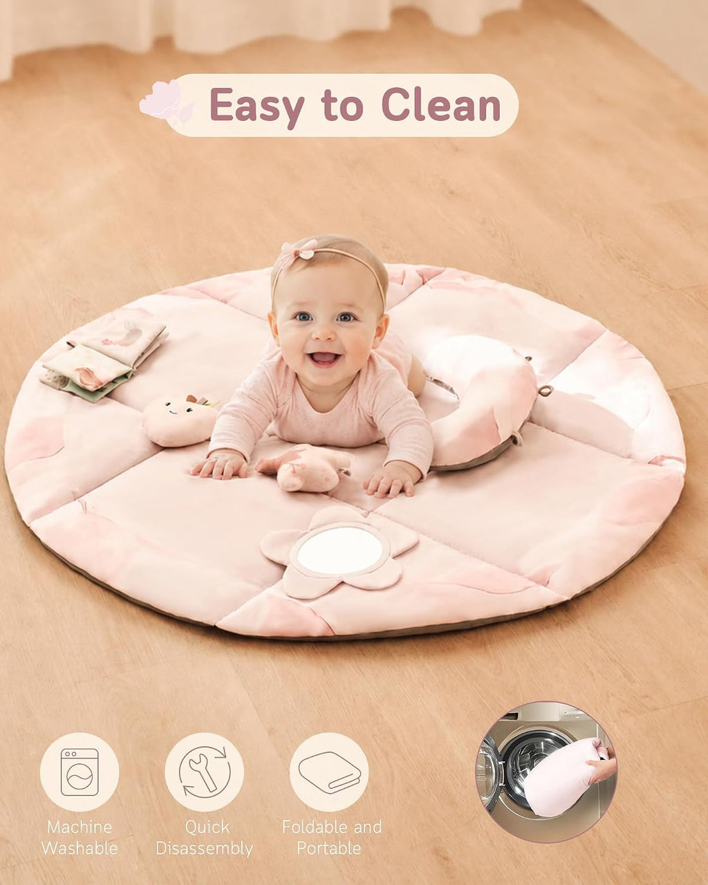 Baby Play Gym & Activity Mat, Machine Washable & Foldable Tummy Time Mat with 5 Detachable Toys, Certified Safe Newborn Essentials Gift for Baby Registry 0-12 Months (Rose Pink)