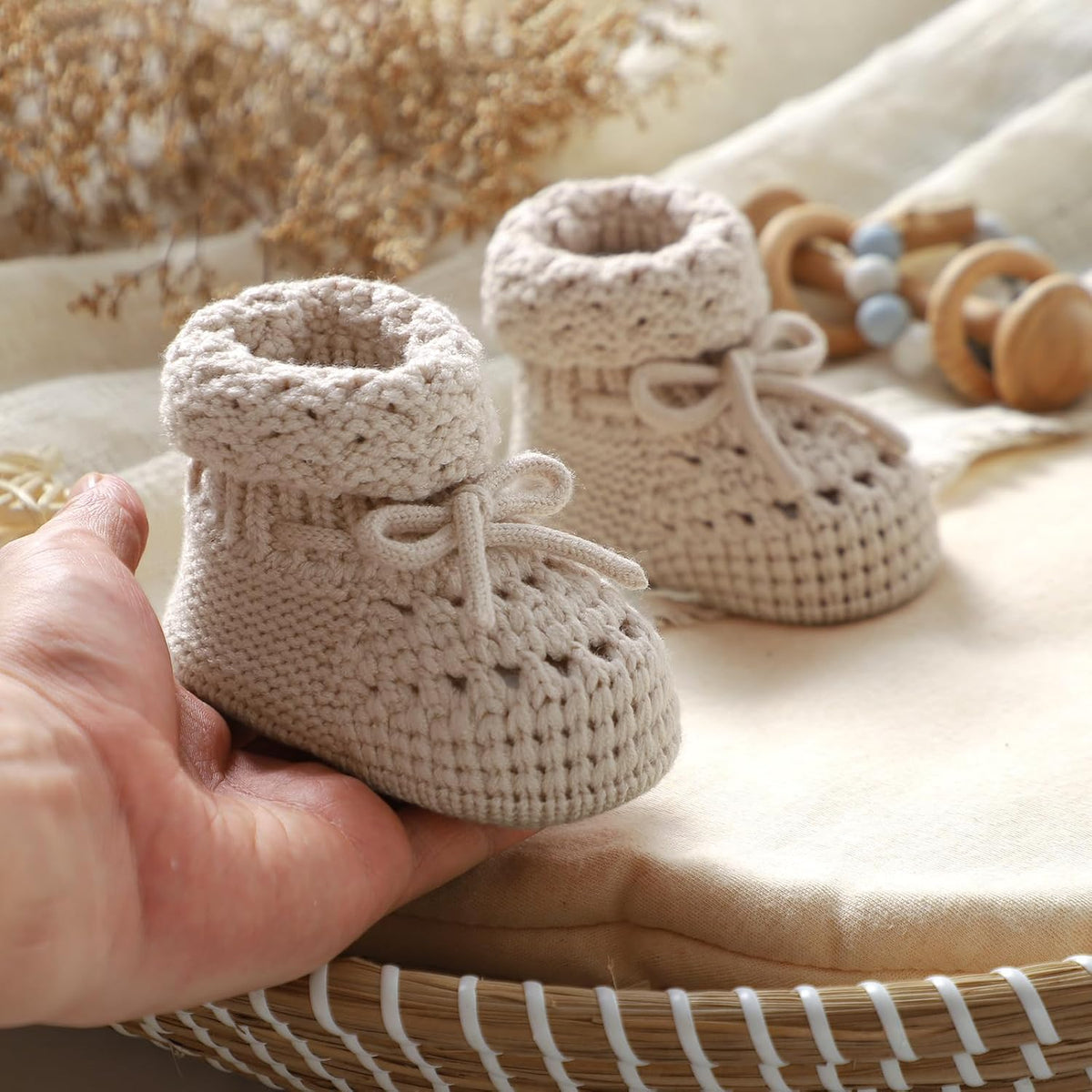 Baby Booties 100% Cotton Knitted Newborn First Cozy Warm Crib Shoes for Toddler Infant Boy Girl Babys Shower Gift