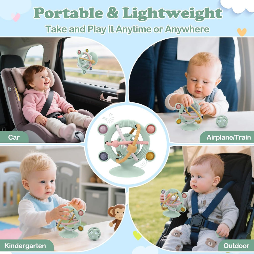 Silicone Baby Teething Toys for Babies 0-6 6-12 Months, Multi Purpose High Chair Toys, Baby Suction Table Toys, Teething Relief Chew Toy, Sensory Rattle Toy with Textures for Infants, Green