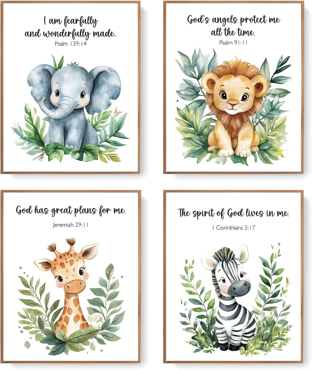 Woodland Nursery Animals Bible Verse Decor Wall Art Prints Poster, Cute Baby Forest Nursery Room Bedroom Bathroom Playroom Wall Art Decor for Nursery Kids Teen Girls Gifts, Christian Classroom Wall Decor, 10X8 Inch Set of 4 Pcs Gifts for Kids Pictures (UNFRAMED)