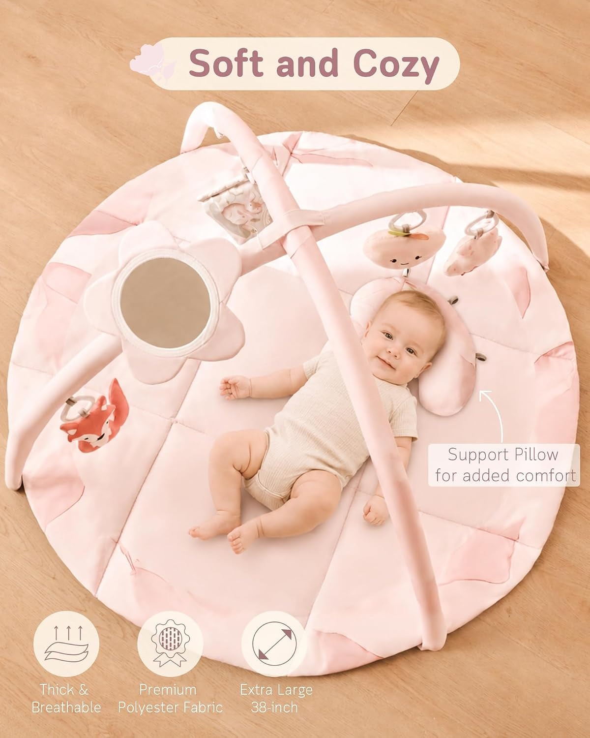 Baby Play Gym & Activity Mat, Machine Washable & Foldable Tummy Time Mat with 5 Detachable Toys, Certified Safe Newborn Essentials Gift for Baby Registry 0-12 Months (Rose Pink)