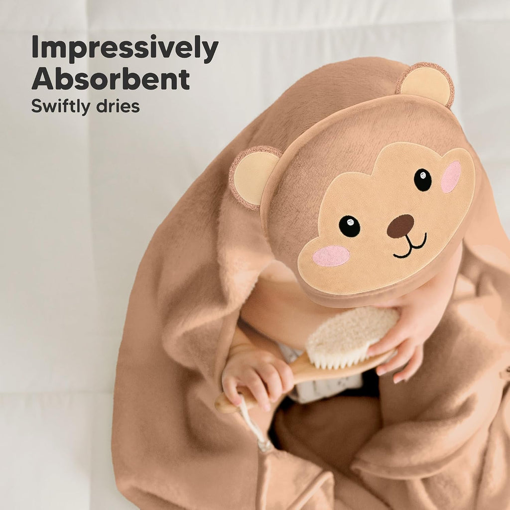 Hooded Baby Towel for Newborn, Baby Bath Towels (Monkey, 35X35) | Viscose Derived from Bamboo, Large Baby Towels with Hood, Boys, Girls, Toddler, Soft Absorbent Baby Bath Essentials