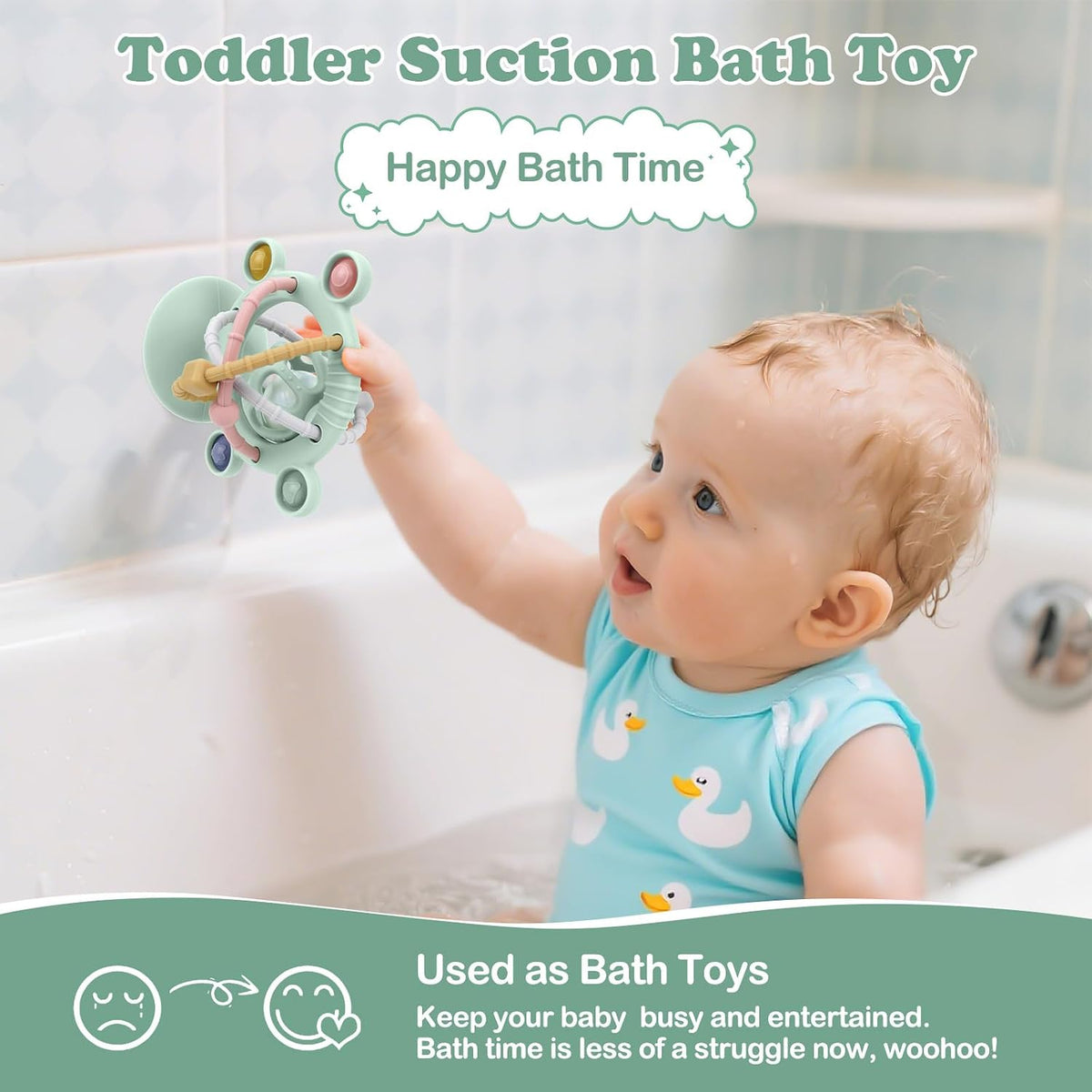 Silicone Baby Teething Toys for Babies 0-6 6-12 Months, Multi Purpose High Chair Toys, Baby Suction Table Toys, Teething Relief Chew Toy, Sensory Rattle Toy with Textures for Infants, Green