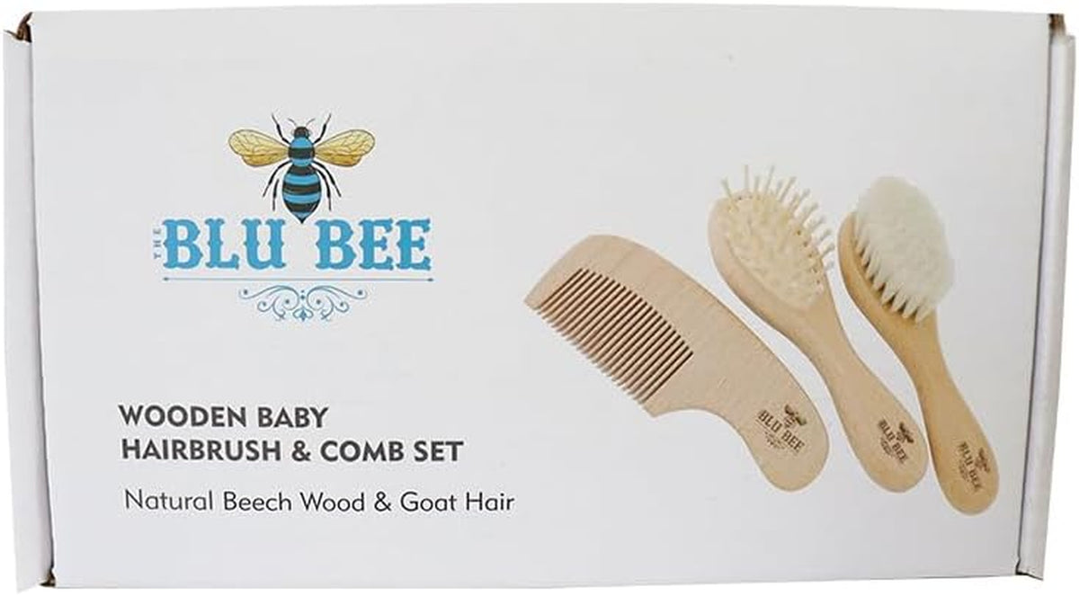 Wooden Baby Hairbrush & Comb Set | Soft Goat Hair Brush for New Born & Toddlers, Prevents Cradle Cap, 3-In-1 Gift Set for Baby Shower Celebrations