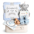 Baby Shower Gifts, Baby Boy Gift Basket Set Newborn Blanket Elephant Lovey Baby Security Blanket Wooden Rattle Toy, Funny Bibs Socks & Greeting Card, New Boys Baby Gift Essentials